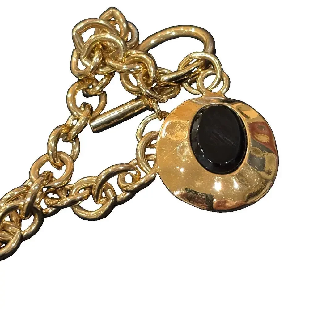 Vintage Avon Gold Tone Black Onyx 8 Inch Vintage Toggle Charm Bracelet